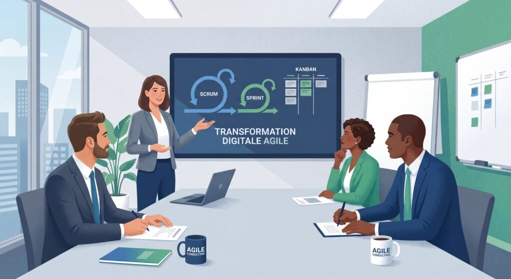 Consultant IT en réunion avec des dirigeants d'entreprise pour accompagner une transformation digitale Agile