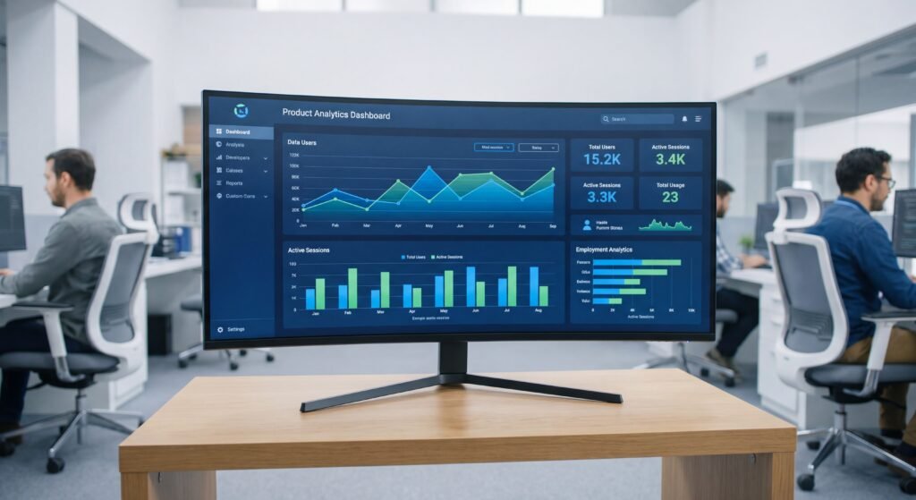 Dashboard de données analytiques produit affiché sur un écran en environnement de travail IT moderne