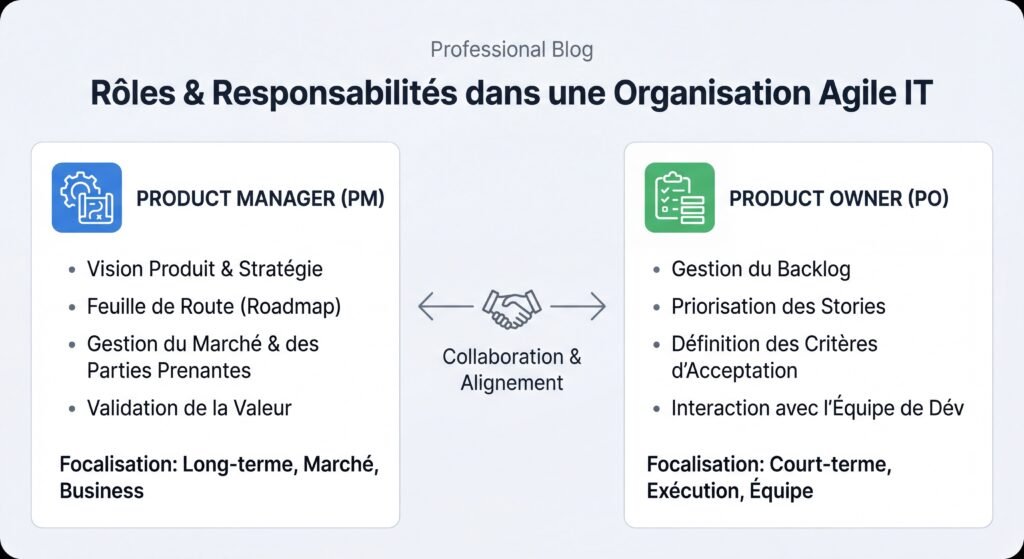 Schéma illustrant les rôles et responsabilités distincts du Product Owner et du Product Manager dans une organisation Agile IT