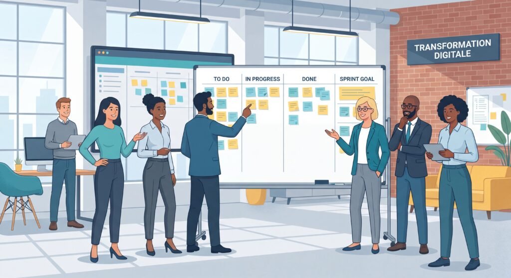 Équipe IT Agile autour d'un tableau kanban lors d'une session de sprint planning en entreprise en transformation digitale