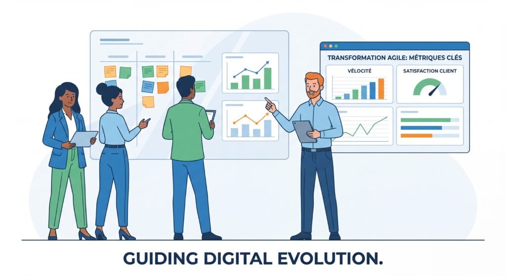 Consultant IT accompagnant une équipe dans sa transformation Agile avec tableau de bord et métriques