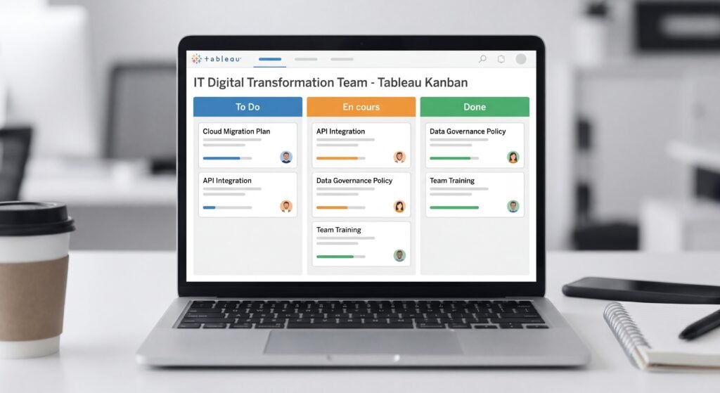 Tableau Kanban visuel avec colonnes To Do En cours et Done pour équipe IT en transformation digitale