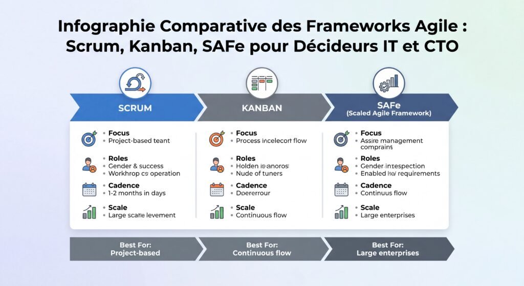 Infographie comparative des frameworks Agile Scrum Kanban SAFe pour décideurs IT et CTO