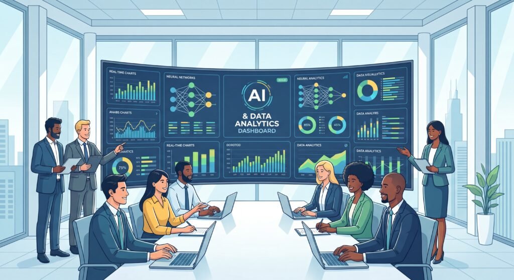 Équipe de direction en réunion autour d'un tableau de bord IA et data analytics en entreprise