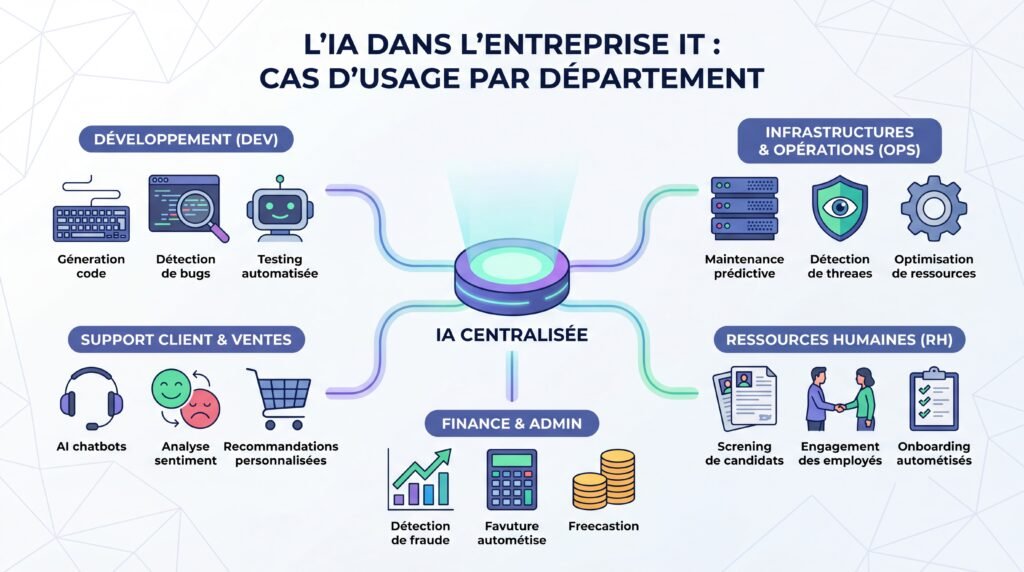 Schéma illustrant les cas d'usage de l'IA dans les différents départements d'une entreprise IT