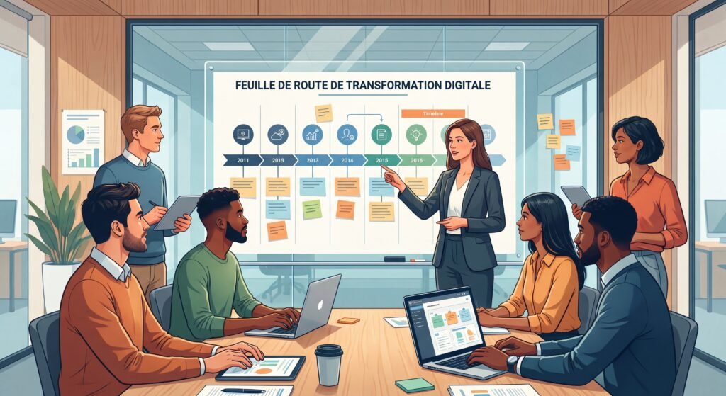 Consultant IT en session de travail avec une équipe produit autour d'une feuille de route de transformation digitale