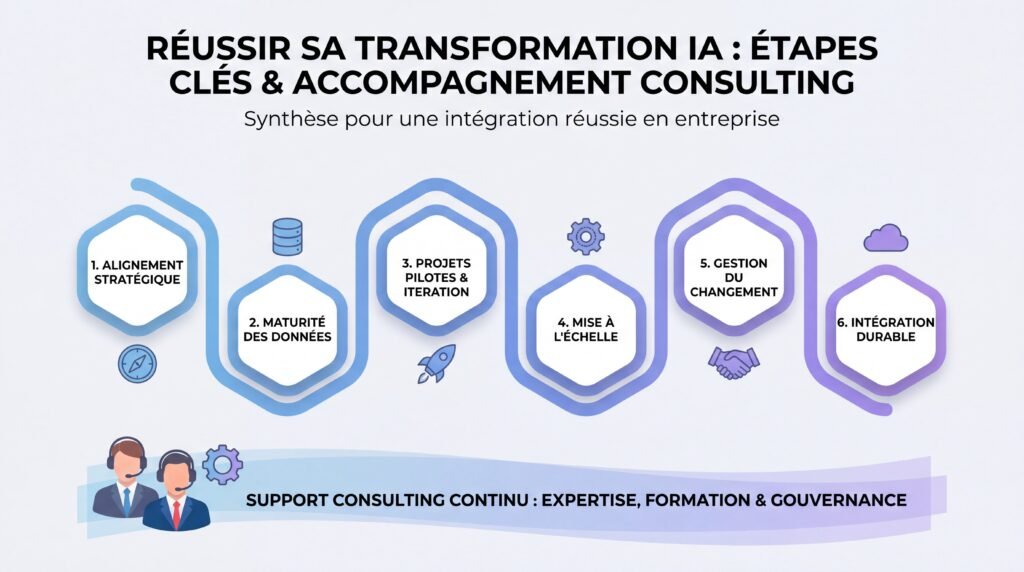 Infographie synthétisant les étapes clés d'une transformation IA réussie en entreprise avec accompagnement consulting